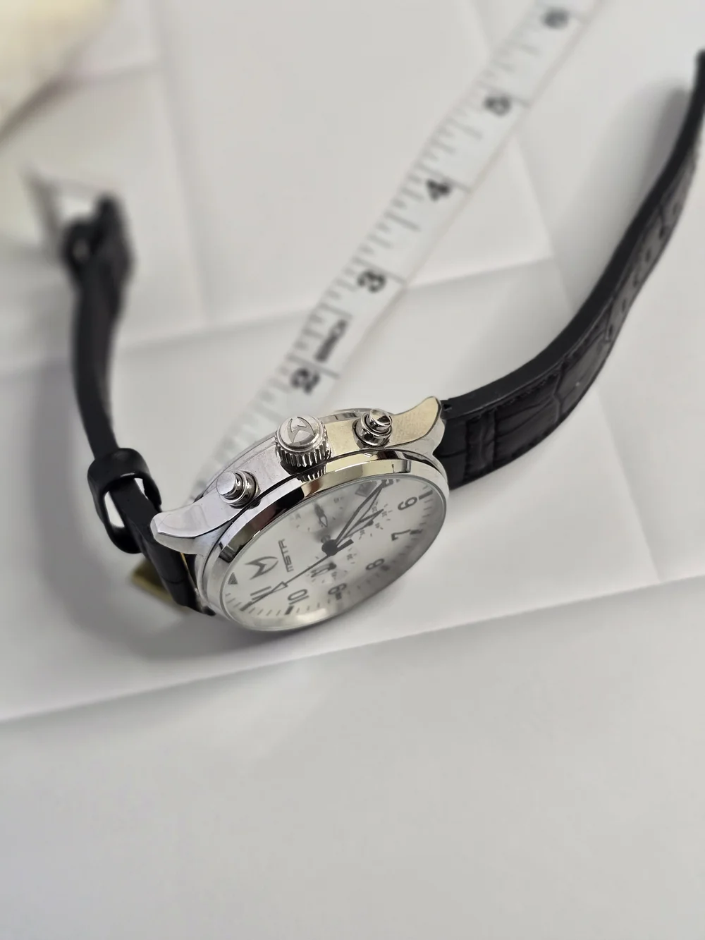 MSTR Silver Chronograph Aviator Watch with Black Leather Strap